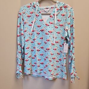 NWT Crown & Ivy Flamingo Print Hoodie in Blue and Pink